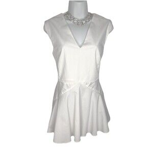 Sportmax Crisp White Cotton V Neck Peplum Structured Seams Fitted Top M 10